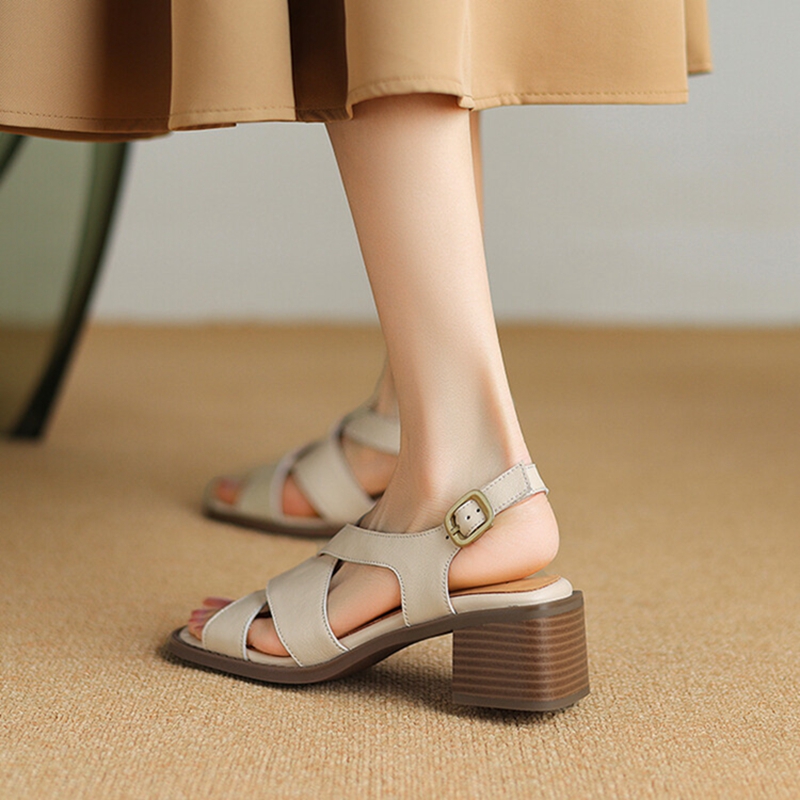 Summer NEW Sandals Genuine Leather for Women Open Sgback Round Toe Chunky Heel Beige Gladiator Shoes edc8