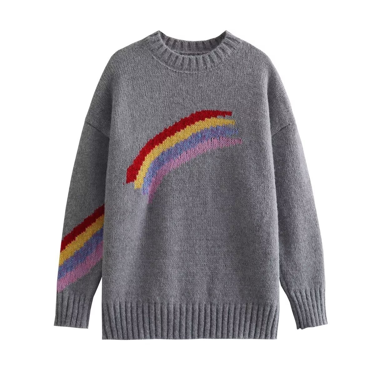 dongdumaoyi New women's sweater autumn/winter knitted sweater rainbow stripe European and American style loose pullover knitted sweater F0914#40