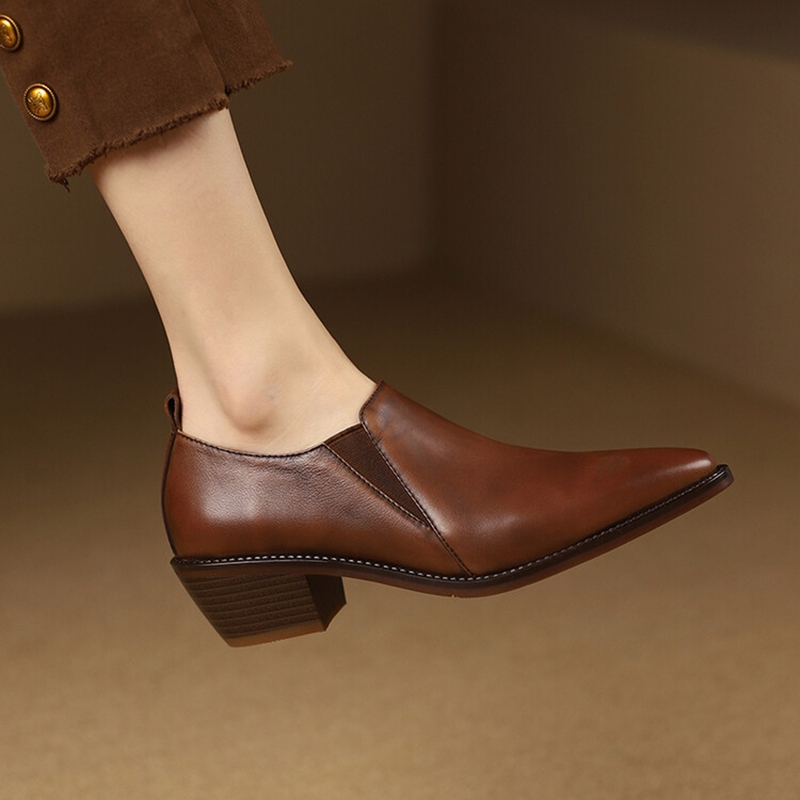 Spring/Autumn NEW Pumps Genuine Leather for Women Pointed Toe Chunky New Heel Casual Black Slip-on Handmade Shoes ed5c