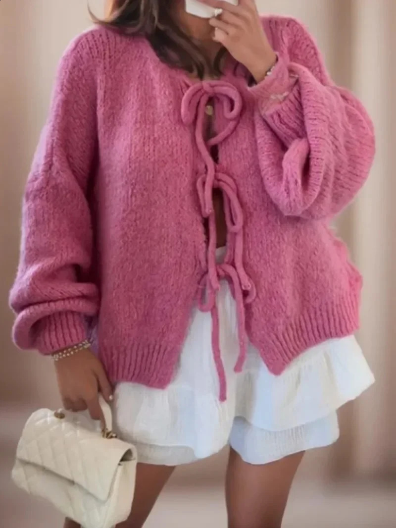 Korean Crewneck Laceup Knitted Cardigan Jacket for Autumn Winter 2024 Solid Color Sweater Women Cardigans 240910
