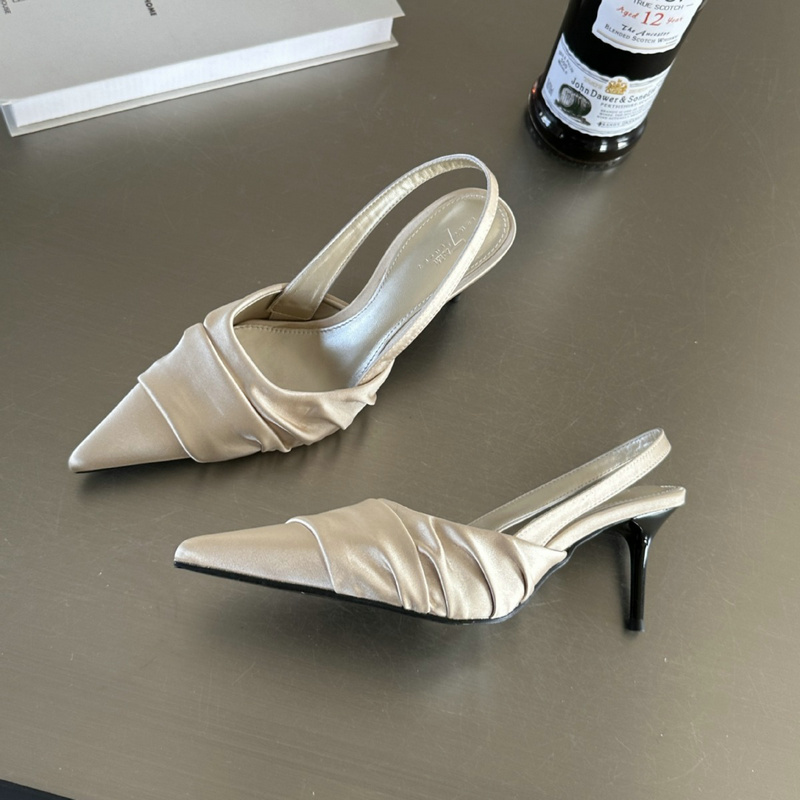 2025 new Sandals Women's Summer New Pointy Pumps Back Empty Single Shoe Satin Ribbon High Heels 3908
