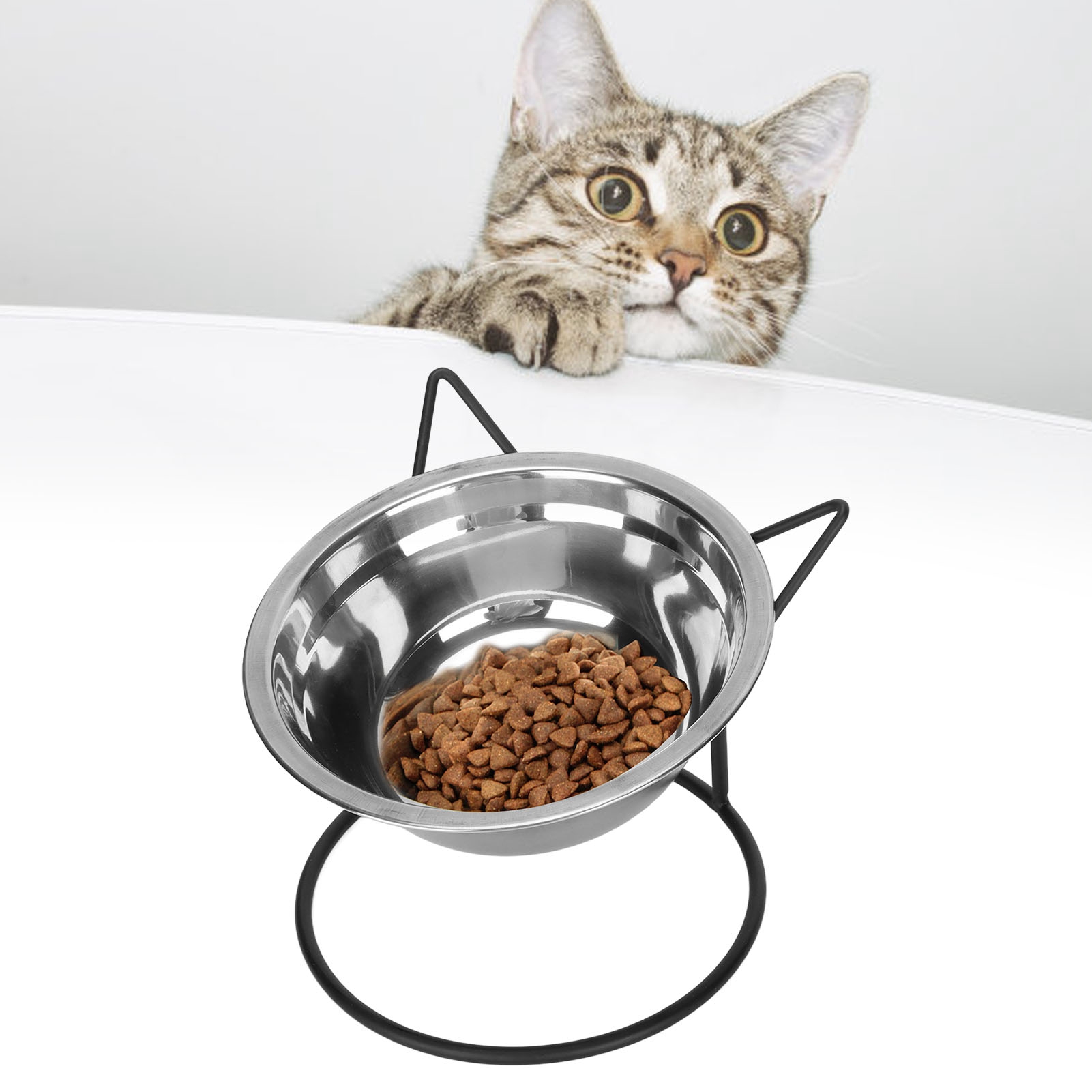 Stainless Steel Raised Pet Bowls with Stand for Cats and Dogs, Elevated Dog Feeder, Cute Cat Ears Shape