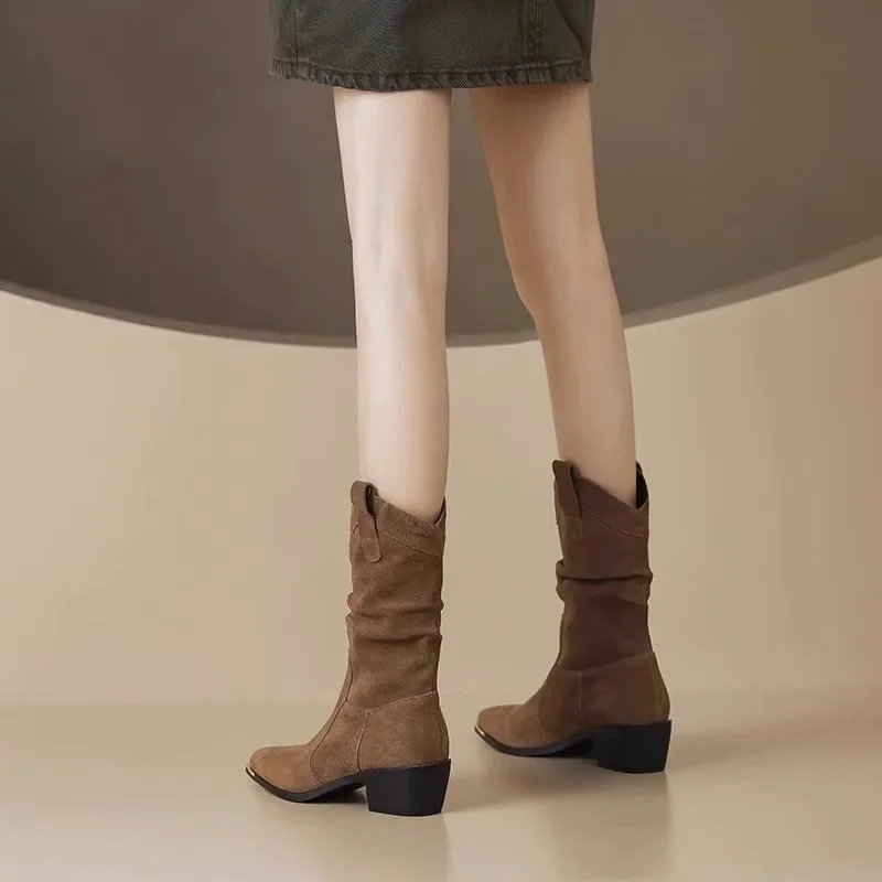 New Style Fashion Winter Classic Boots for Woman Cow Suede Pointy Toe Wedge Heel Ankle Boots Simple Comfort Cowboy Boots Female