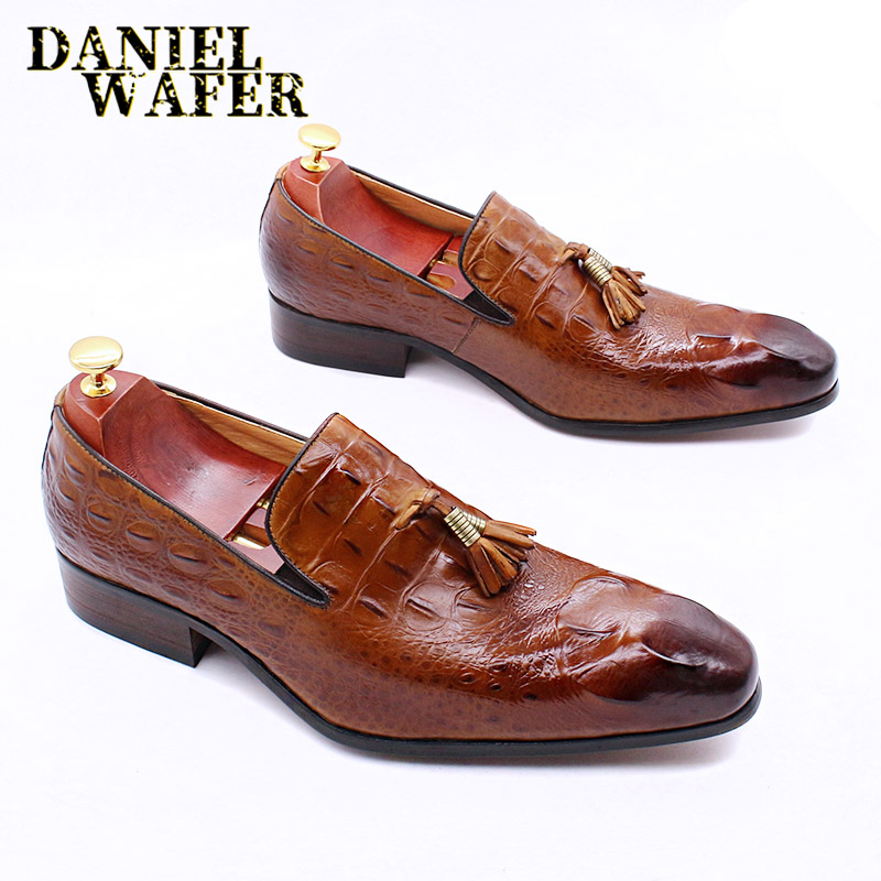 Luxury Men's Leather Shoes Crocodile Prints Tassels Loafers Brown Black Casual Man Shoes Office Wedding Dress Summer Men Shoes