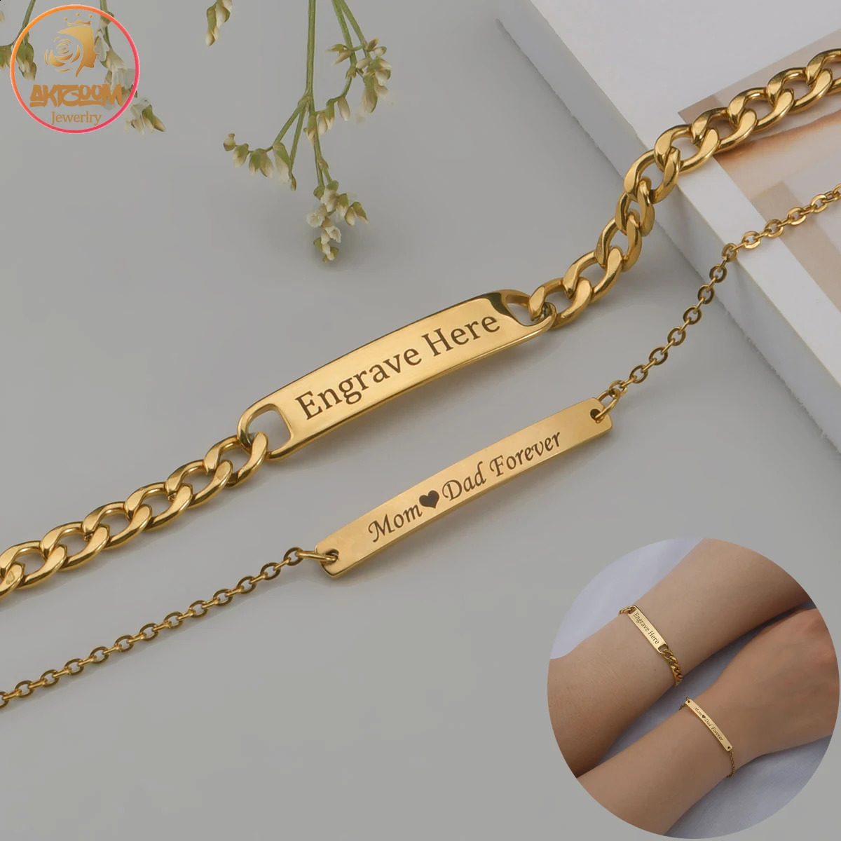 Akizoom Punk Engrave Name Custom Bracelets Gold Color Stainless Steel Thick Hand Chain Customized Couple Men Women Jewelry Gift 240914