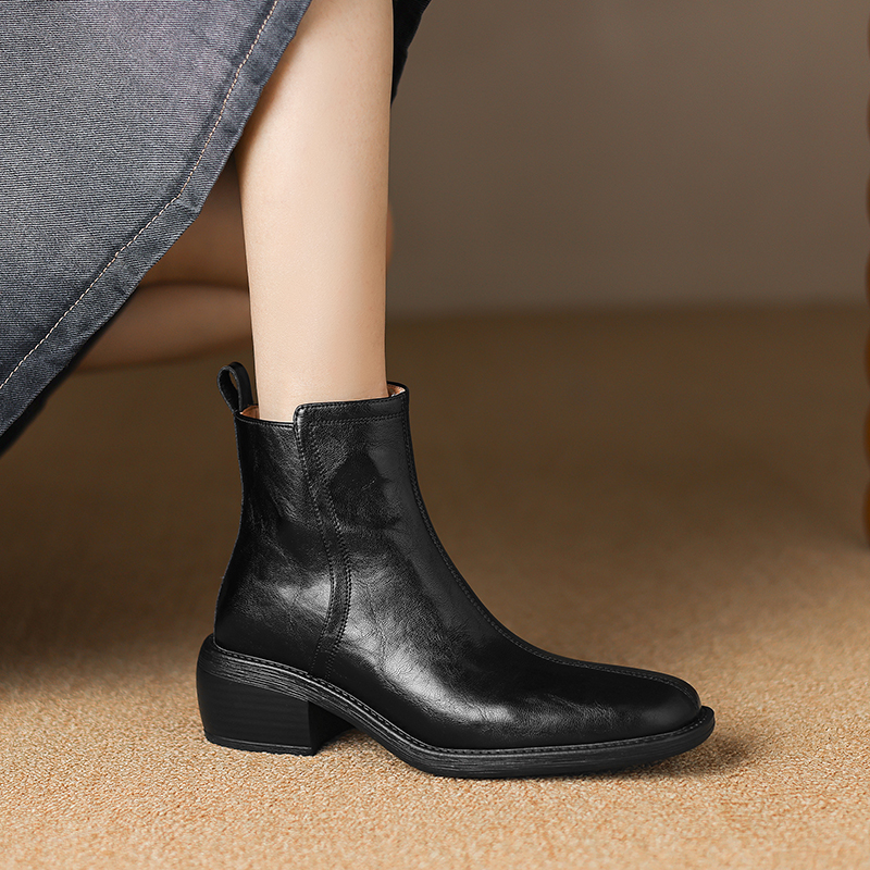 2024 New Winter Round Toe Chunky Heel Women Shoes Retro Western Ankle Boots Genuine Leather efb7