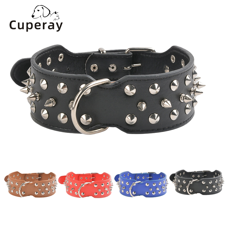 Adjustable Wide Spiked Dog Collar,Rivet PU Leather Cat Dog Collars,Durable Spike Studded Pet Collar for Small Medium Large Breed