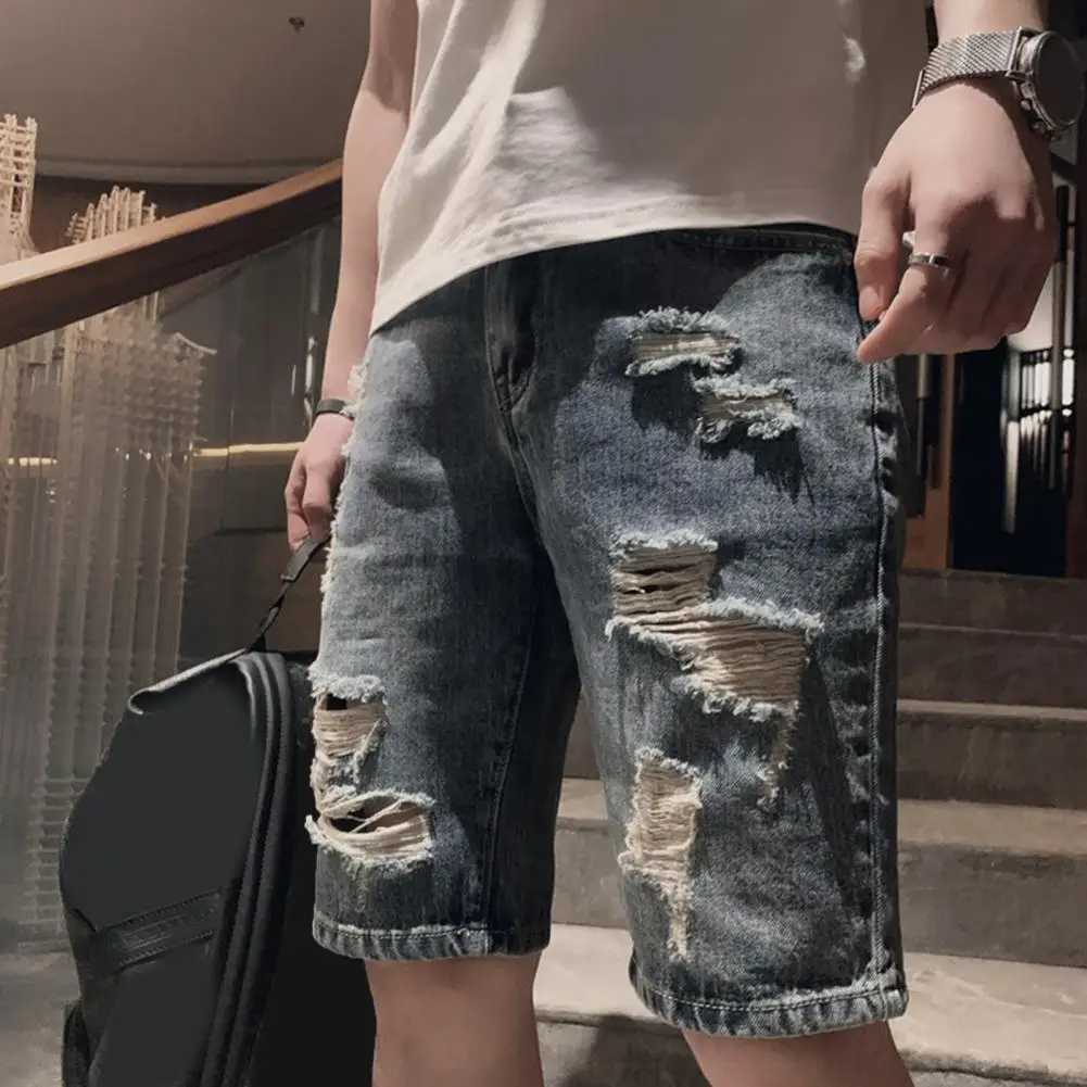 Men Denim Shorts Mid-waist Denim Shorts Mens Streetwear Denim Shorts Mid-rise Ripped Holes Straight Leg Knee LengthX240914