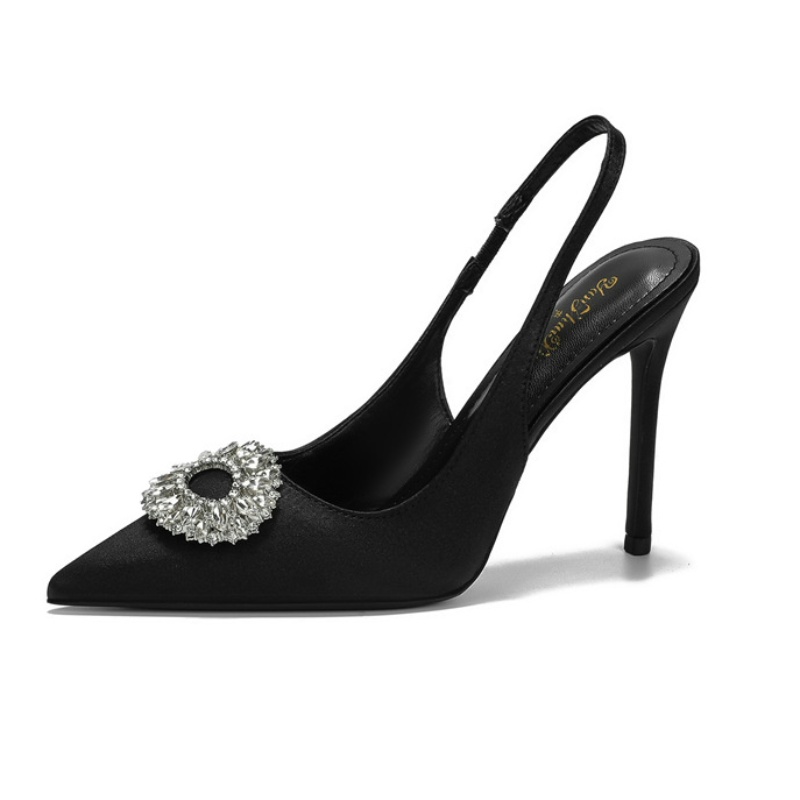 2024 New French Pointy High-heeled Stiletto Rhinester Satin Korean Fashion Round Crystal Buckle Women's Sandals