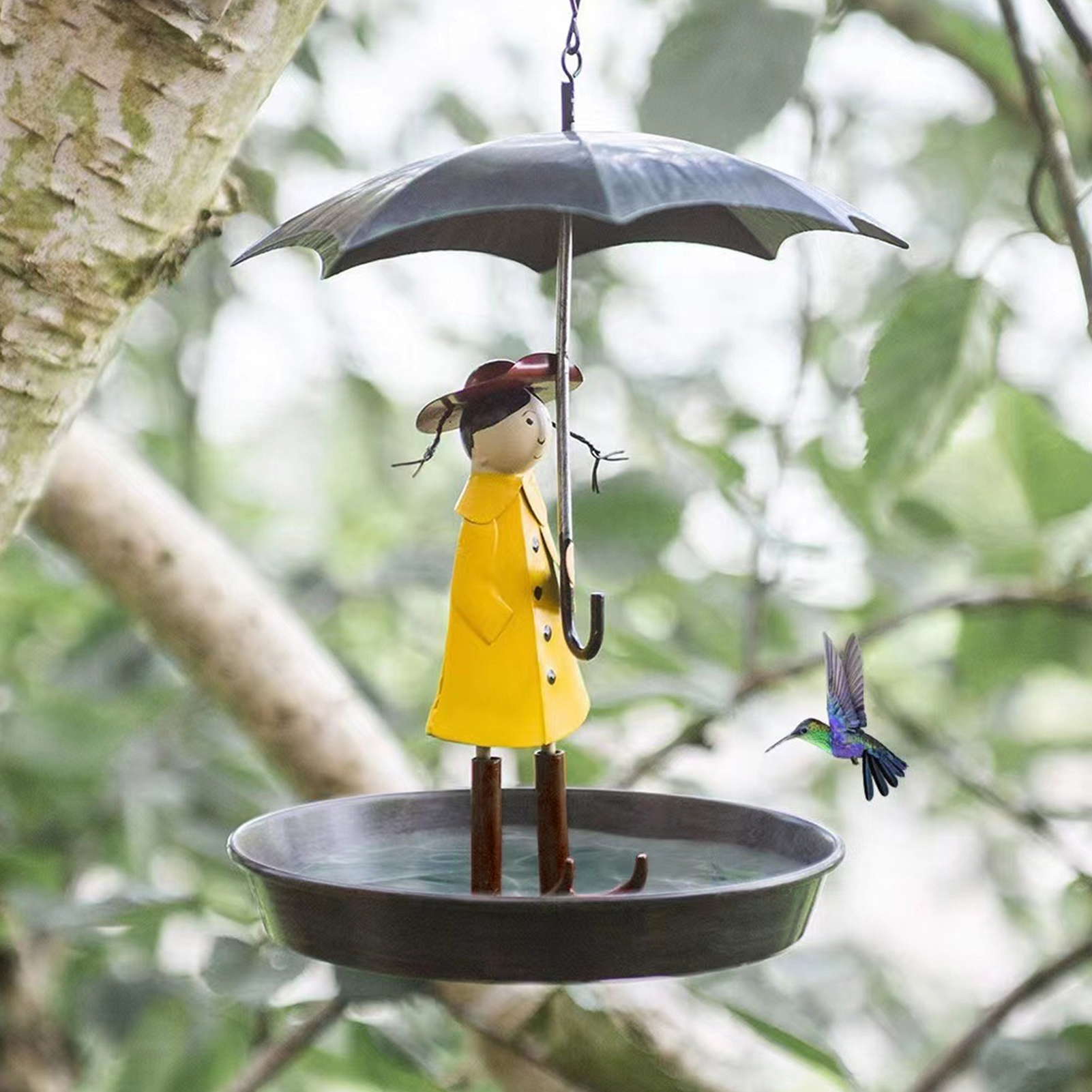 Decorative Bird Feeder Metal Chain Hanging Bird Feeders Set Girl Umbrella Hummingbirds Feeder Outdoor Garden Decorations