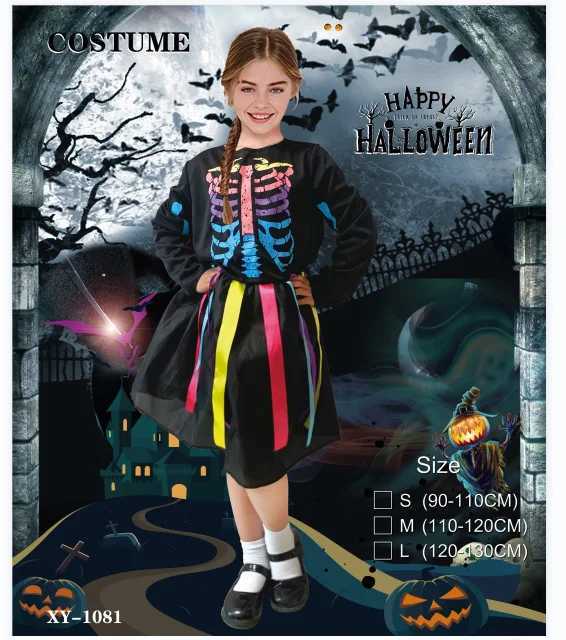 Halloween Rainbow Skeleton Girl Dress Colorful Skeleton Boy Costume Preschool Trendy Punk Bone Role Playing Costume Carnival Fancy Costume W240914