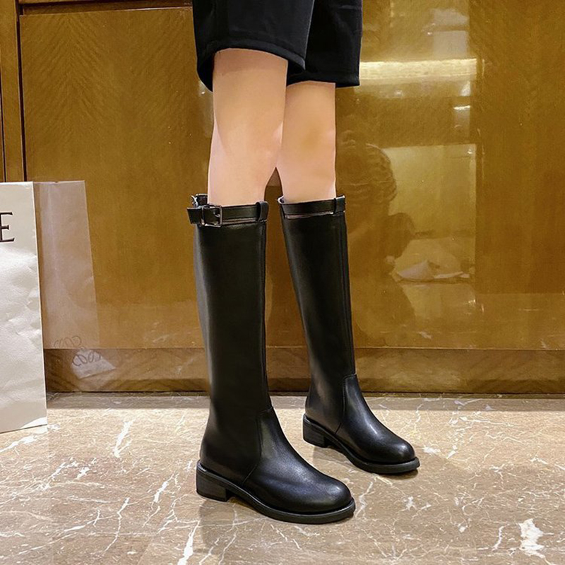 Women's Knee High Boots With Flat Thick Heel Leather Buckle Decoration Side Zipper Plush Inner Fashionable Cheap Boots
