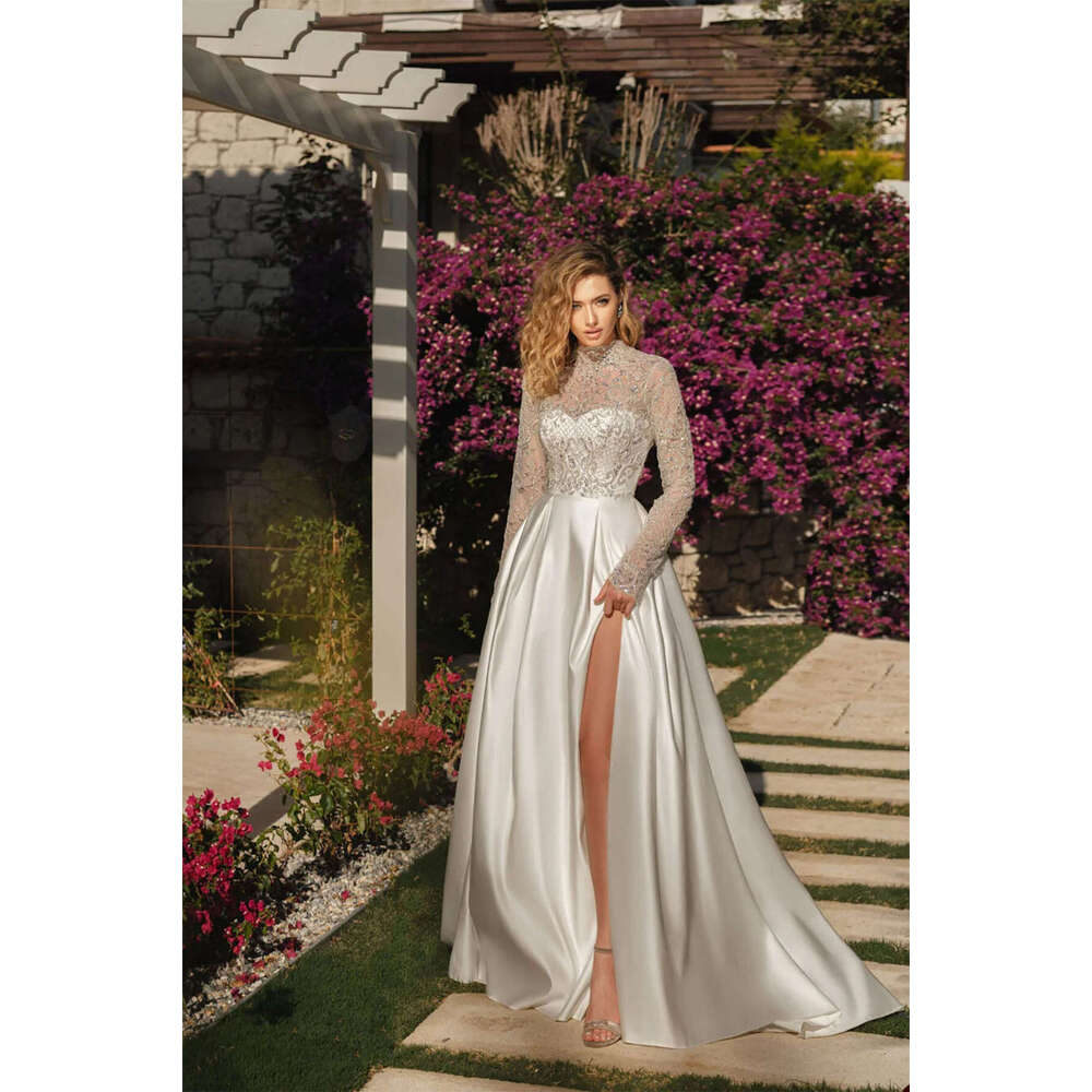 Wedding Dresses A-e Split Appliques Sequined Sleeve or-Length Long Bridal Gown Vestido de novia Custom Made