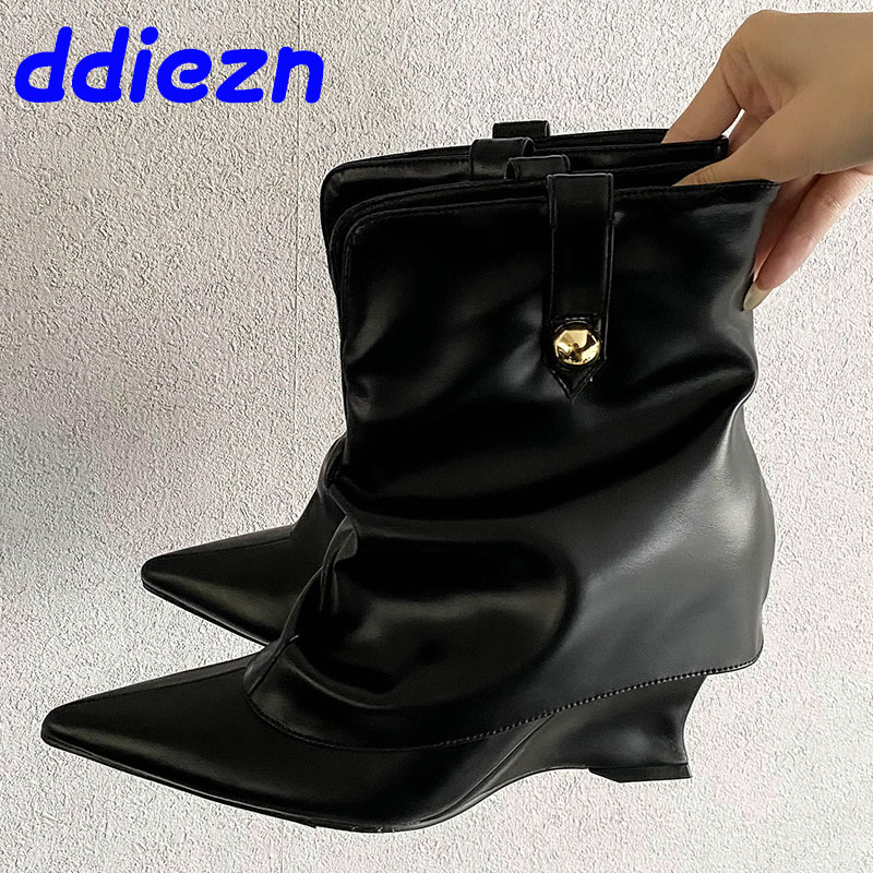 Female New Footwear Designer Women Ankle Boots Slip On Fashion Pointed Toe Ladies Modern Booties With Wedges Shoes
