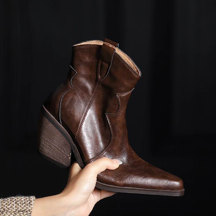 Autumn NEW Split Leather for Women Pointed Toe Chunky Heel Shoes Slip-on Ankle Retro Black Western Boots 669f