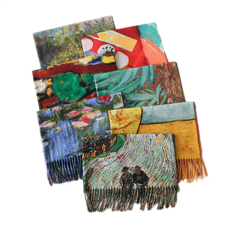 Fashion Oil Painting Scarf Women Winter Warm Van Gogh Painting Tassel Scarves Unique Long Print Wraps Shawl 240909