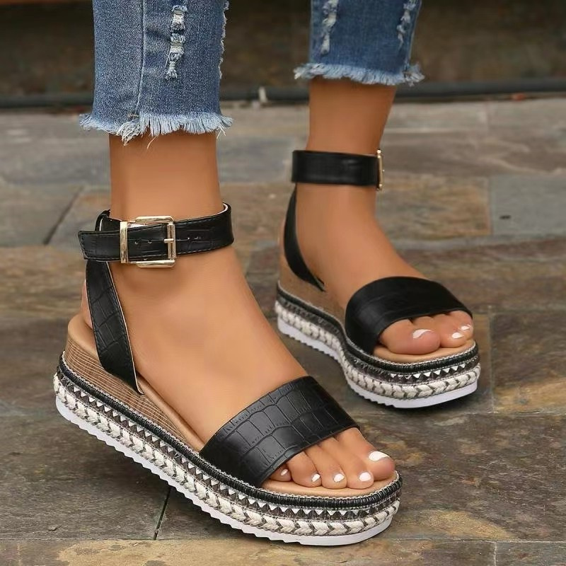 Open Toe Suede Wedge Clogs for Women - Beige, Large Size, Buckle Strap