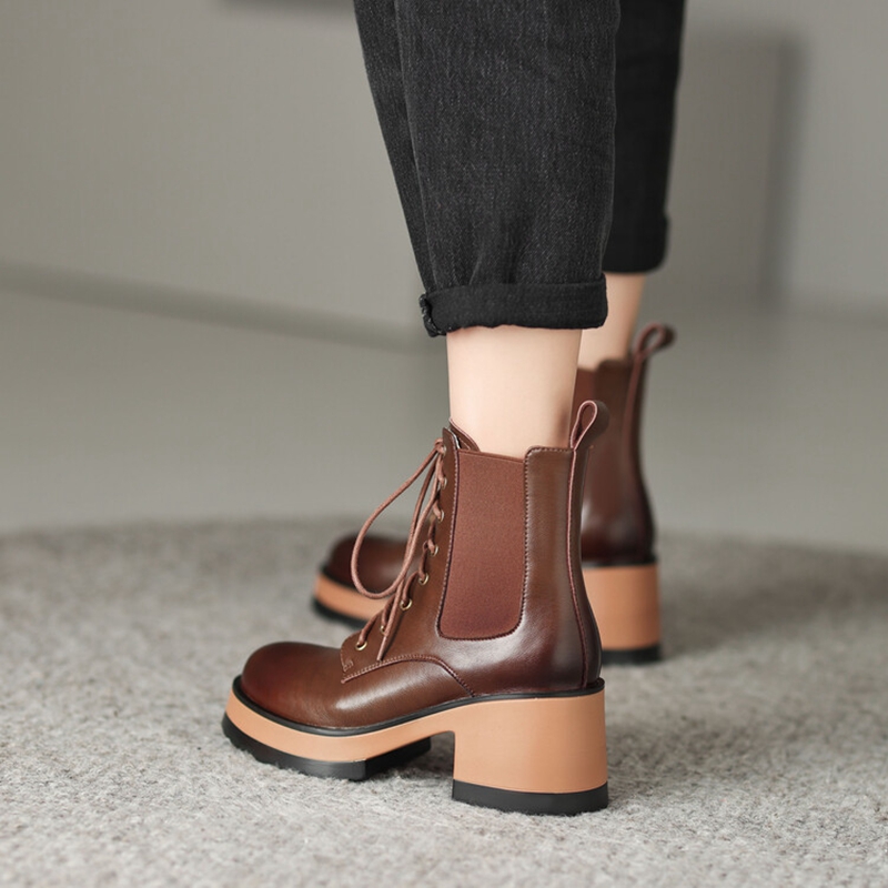 Autumn NEW Genuine Leather Round Toe Platform Height Increasing Lace-up Casual Solid Short Boots Women 7576