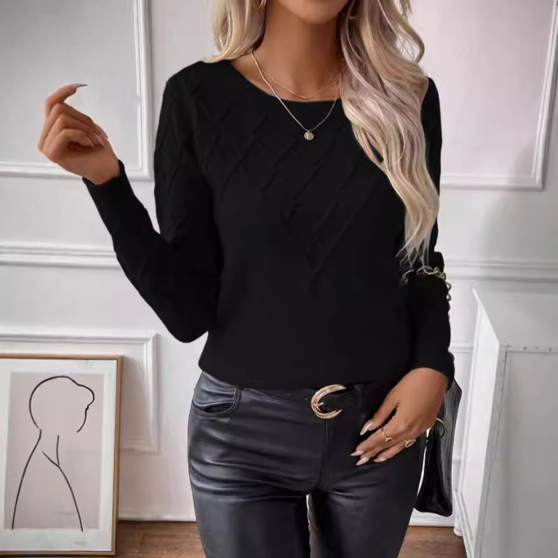 dongdumaoyi New women's sweater fashion pullover round neck long sleeved diamond grid solid color top knitted sweater F0914#45