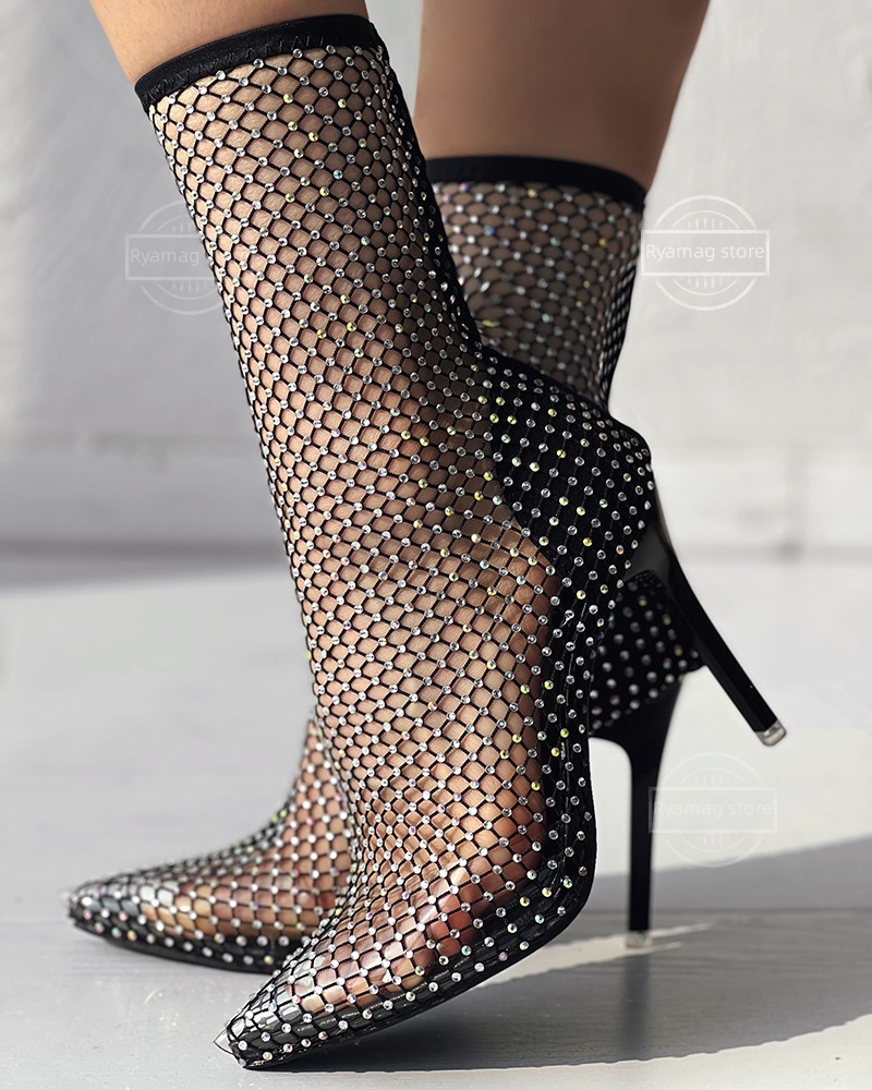 Sandals Women's Fishnet Mesh Rhinestone Stiletto Heel Boots Nightclub Crystal Bling Summer Super Stiletto High Heels Gladiator