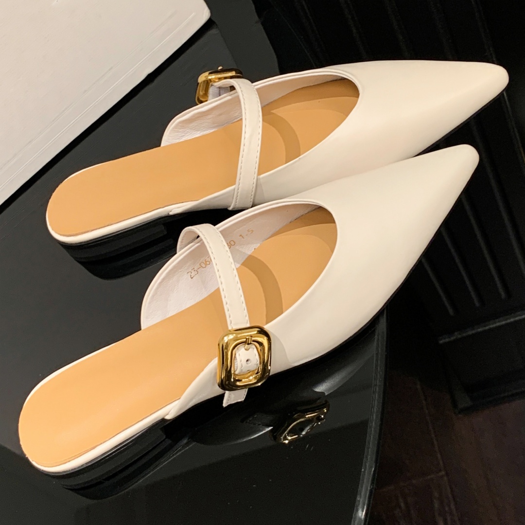 cow Women's leather metal buckle pointed toe slip-on flats sandals high quality female summer mules casual daily slides fac5