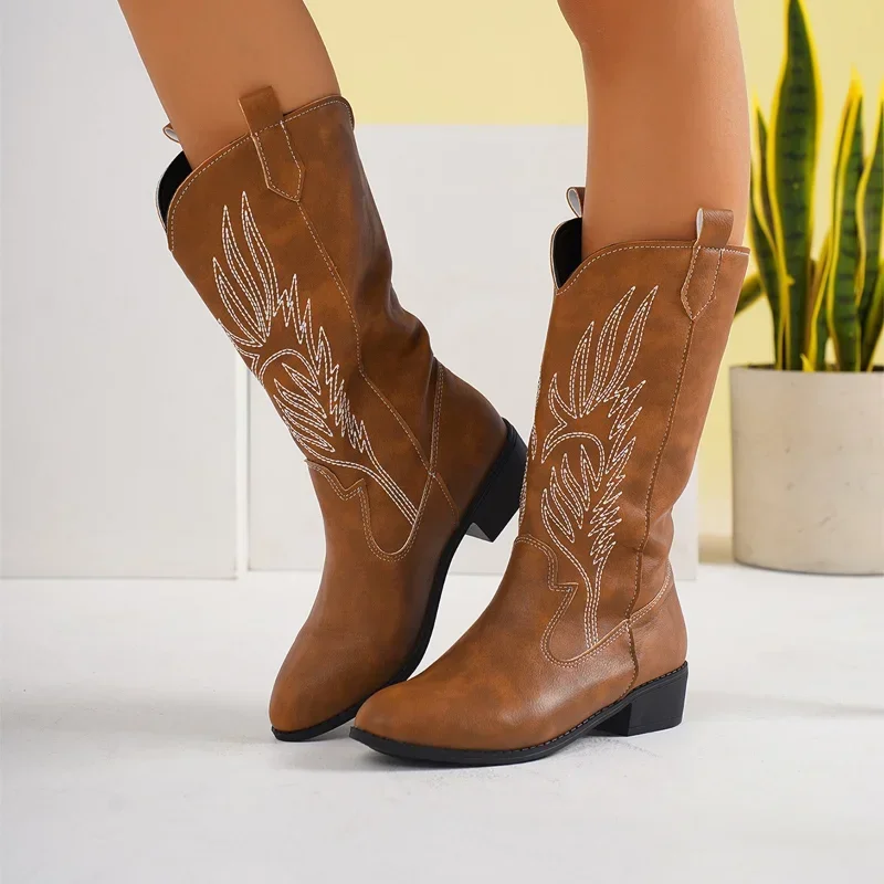 Women Fashion Slip on Knight Boots Ladies Autumn Winter Thick Sole Knight Boots Pointed Toe Square Heel Embroidered Cowboy Boots