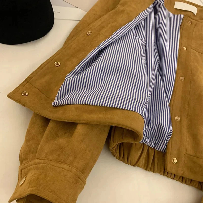MEXZT suede cut jacket womens Harajuku Korean long sleeved bomber jacket womens retro single chest short jacket top 240914