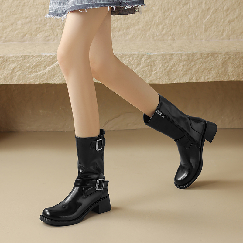 2024 Autumn round Toe Chunky Heels Mid-calf Women Shoes Genuine Leather Western Knight Boots Winter 2cb2