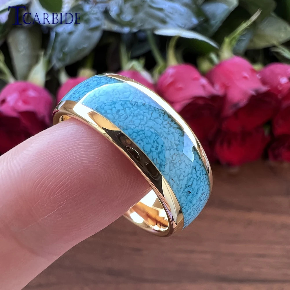 4MM 6MM 8MM multi-color turquoise ring mens womens beautiful tungsten engagement and wedding ring dome polished finish comfortable fit 240905