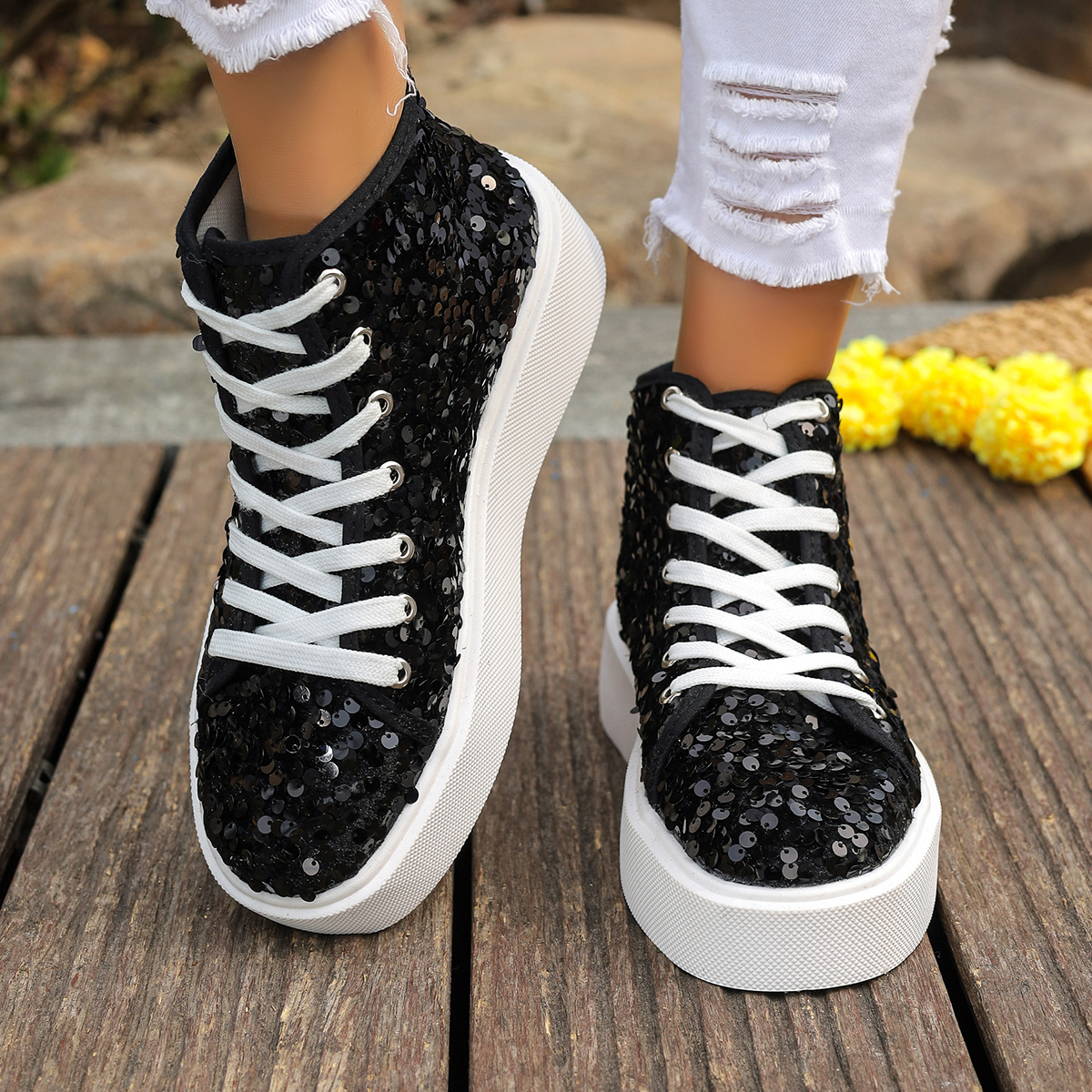 Female High-top Canvas Fashion Student Golden Sequins Platform Vulcanized Casual Running Sneakers Women Flat Shoes