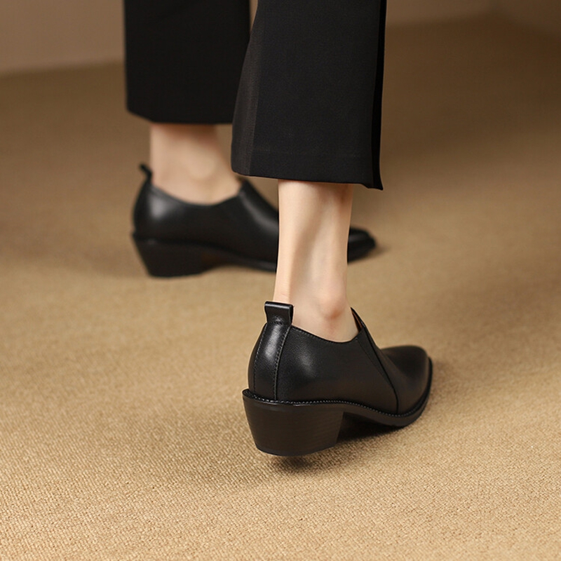 Spring/Autumn NEW Pumps Genuine Leather for Women Pointed Toe Chunky New Heel Casual Black Slip-on Handmade Shoes ed5c