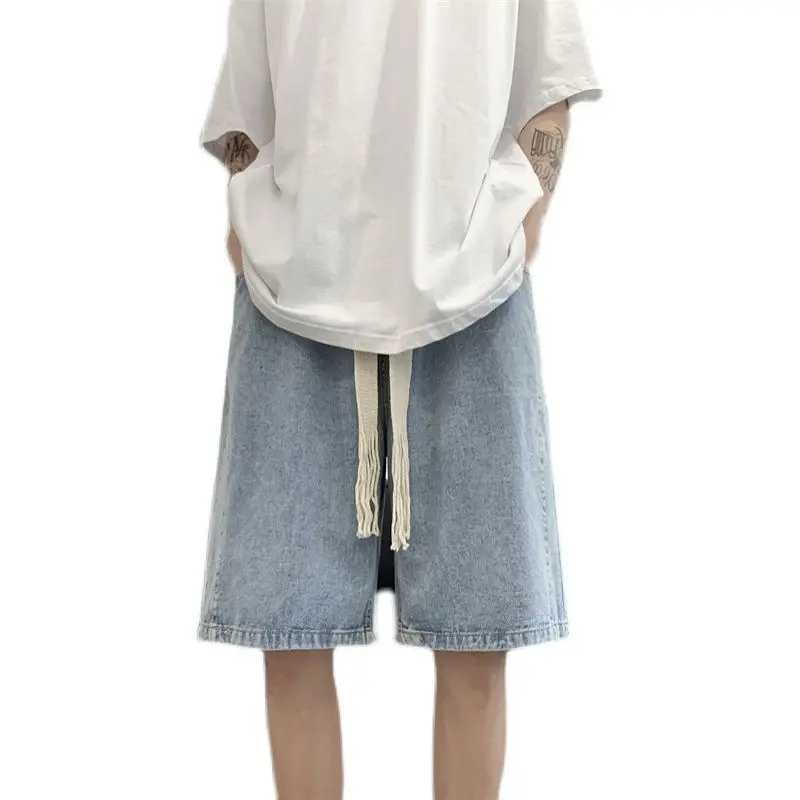 Wide Leg Baggy Denim Shorts Men Summer Thin Solid Color Casual Loose Simple Knee-length 5 Point Pants Drawstring Straight ShortsX240914
