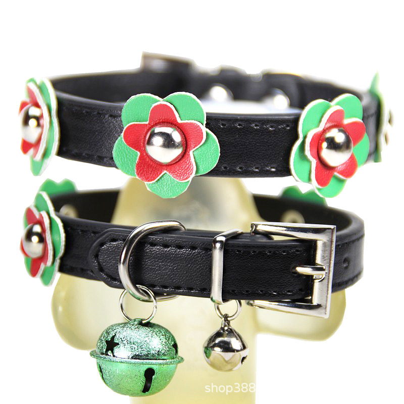 Pu Pet Collar Adjustable Christmas Halloween Pet Collar with Double Bells and Cute Flower Decorations for Cat & Dog Accessories