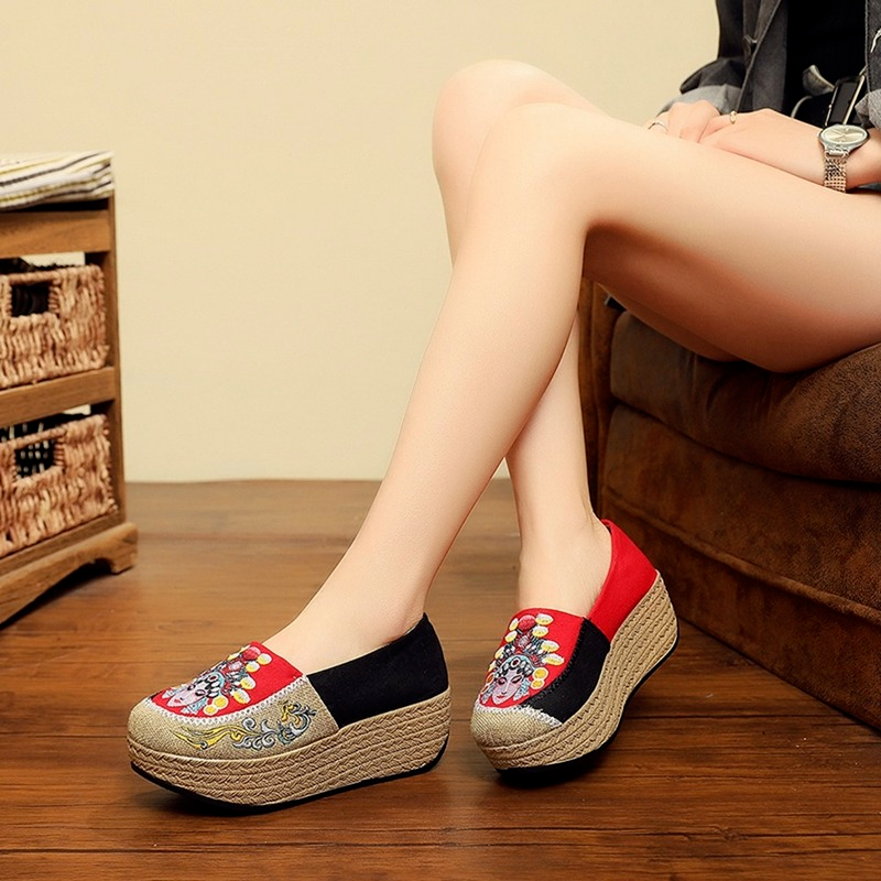 Shoes face Embroidered Women Canvas 5cm Flat Platform Vintage Handmade en Cotton Slip-on Sneakers Ladies Thick Bottom e06b