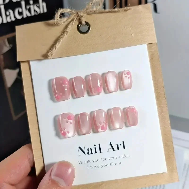 10Pcs Pink Handmade Press-On Nails Cat Eye with Paw Pattern Nail Tips Short Square False Nail for Women for Wear 240914
