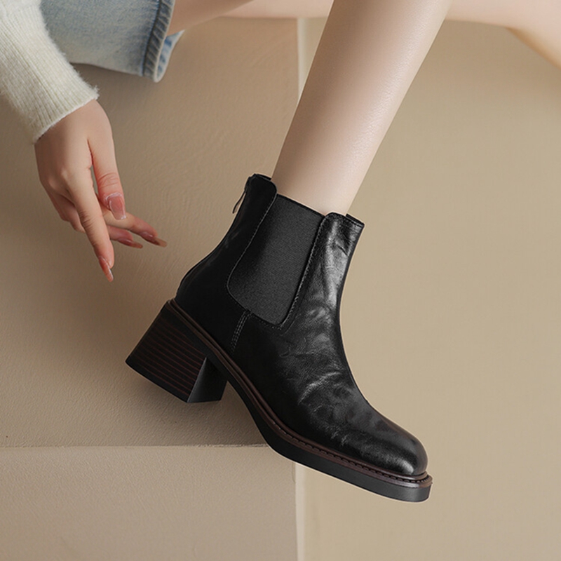 Winter NEW Split Leather for Square Toe Chunky Heel Women Shoes Retro Zipper Snow Warm Plush Boots 1091