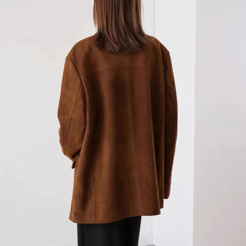 Retro Panther Caramel Suede Womens Jacket Loose Set High end Leather Medium length 240906