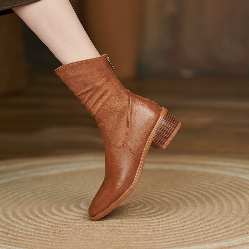 2022 New Fall/Winter Women Genuine Leather Square Toe Thick Heel Zipper Ankle Boots Solid Color Retro Woman Shoes Brown