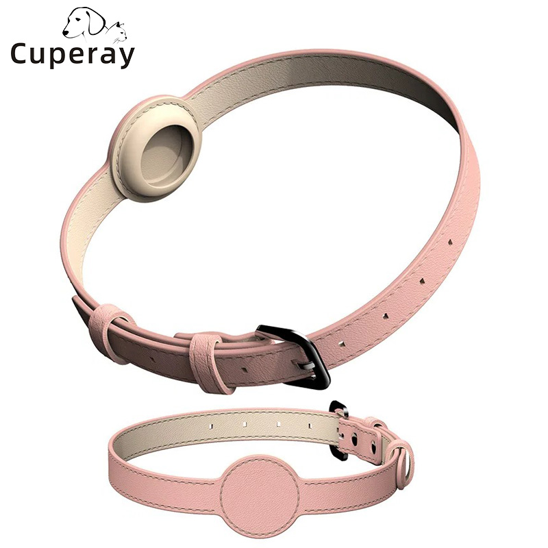 Leather AirTag Cat Collar-Non Breakaway Kitten Collar with Apple Air Tag Holder-Lightweight Pet Collars for Girl Boy Cat,Puppies