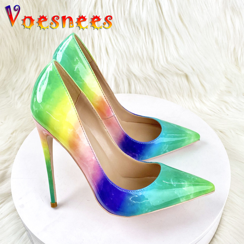 Rainbow Single Shoes 2024 Spring New Gradient Color High Heels 12CM Pointed Casual Shoe Club Women Shallow Mouth Big Size Pumps