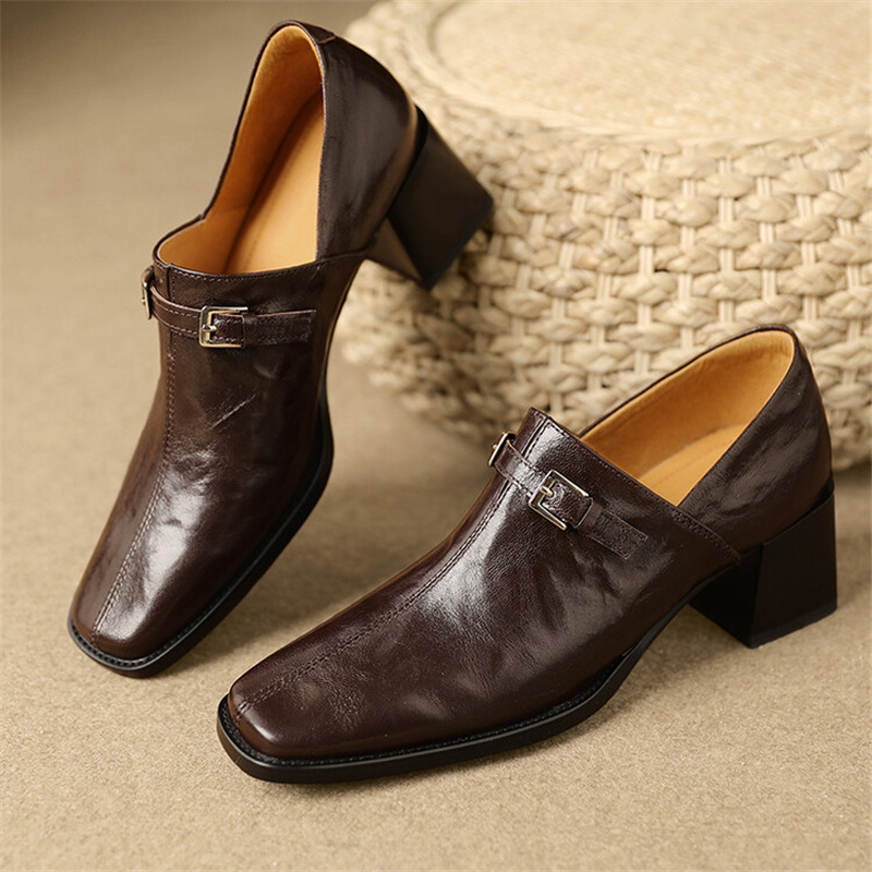 2024 Spring Women Shoes Square Toe Chunky High Heels Women Pumps Shoes for Women Genuine Leather Loafers Shoes Zaptos Mujer
