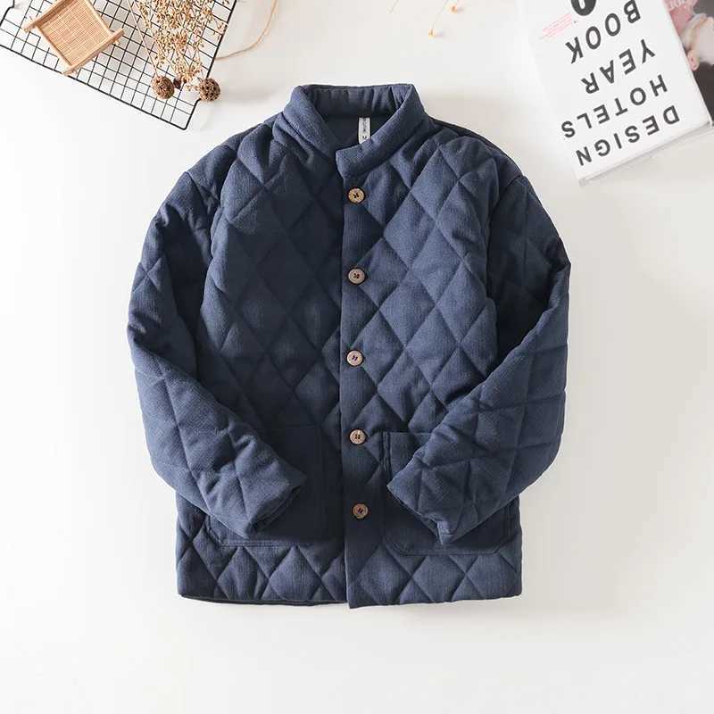 Chinese retro style mens padded apron winter casual loose warm jacket simple and comfortable stand up collar Argyle classic jacket W240914