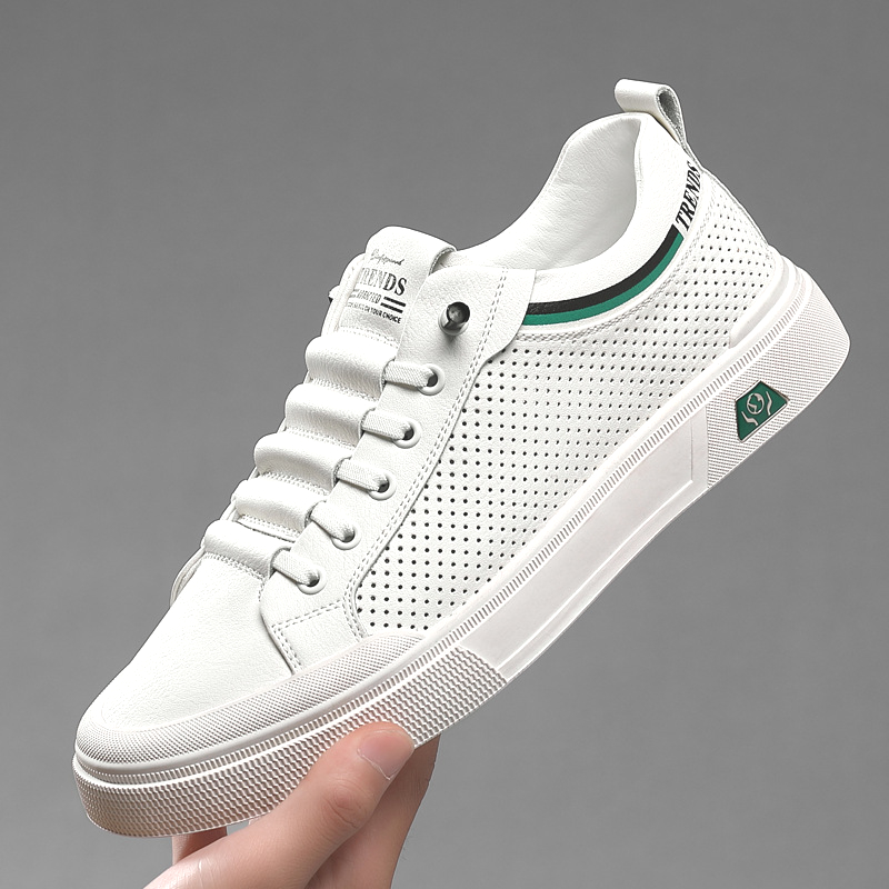 2024 New Shoes for Men Genuine Leather Casual Shoes Summer Breathable Microporous Flat Skateboard Shoes Cow Leather Sneaker