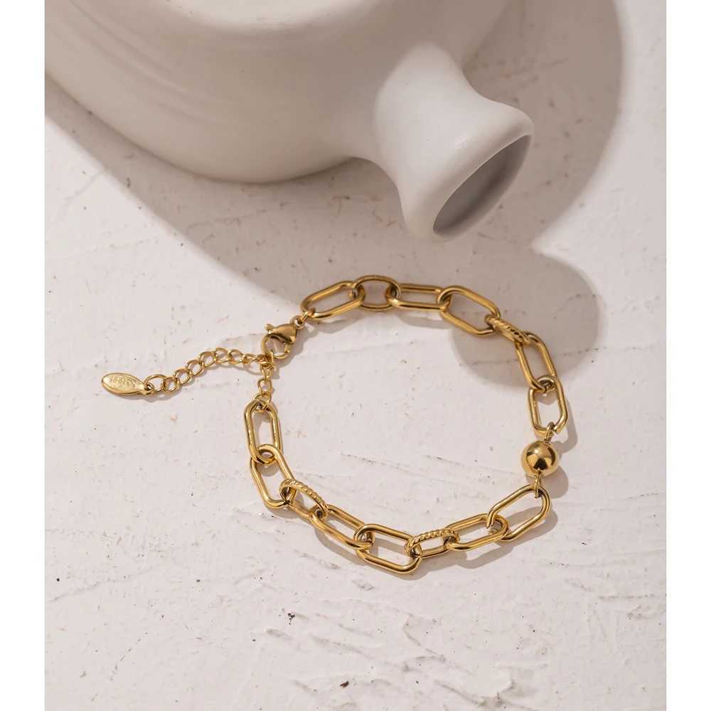 Charm Bracelets Yhpup New Stainless Steel Gold Bracelet Jewelry Charm Metal Texture 14K Galvanized Geometric Watch Suitable for Bijoux Accessories J24