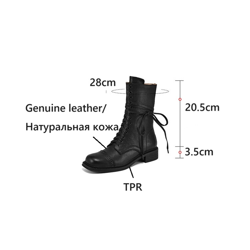 Autumn NEW Genuine Leather for Women Round Toe Chunky Heel Shoes Zipper Short Lace-up Designer Boots feb7