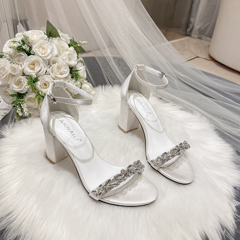 33-43 High Heel White Sandals Rhinestone Thick Heel Wedding Dress Shoes Large Size Women's Shoes