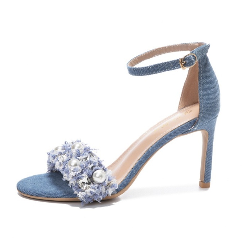 New 2024 Summer Pearl Sandals Round Head New Open Toe Fashion All-in-one Korean One-e Belt Denim High Heels b791