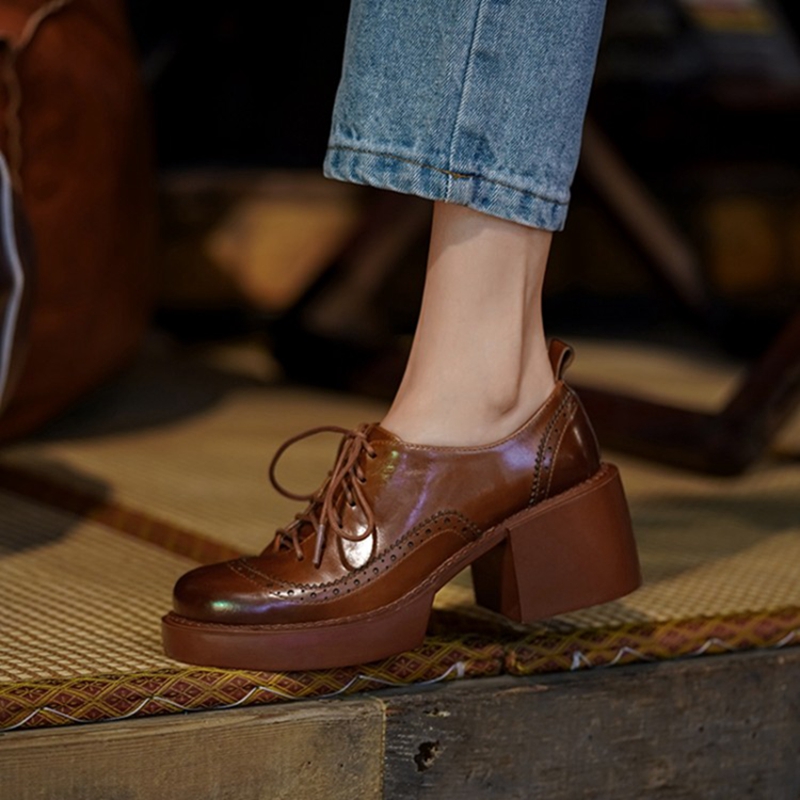 Spring/Autumn NEW Pumps Genuine Leather for Women Round Toe Chunky Heel Retro Brown Platform Ladies Shoes 4390 Platm