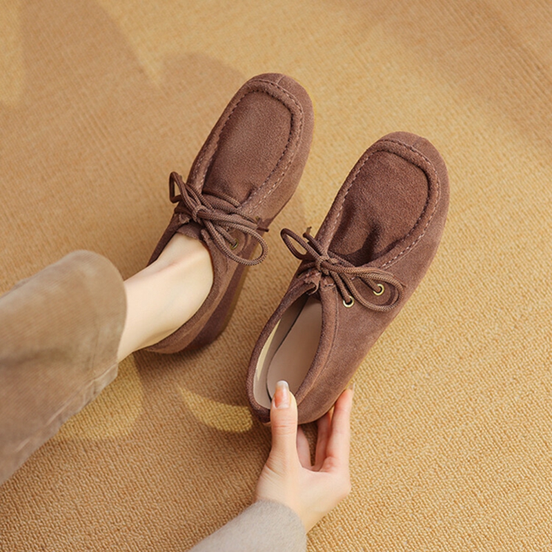 Spring NEW Round Toe Low Heel Solid Ladies Loafers Cow Suede Leather Shoes for Retro Lace New up Women Pumps 94a3
