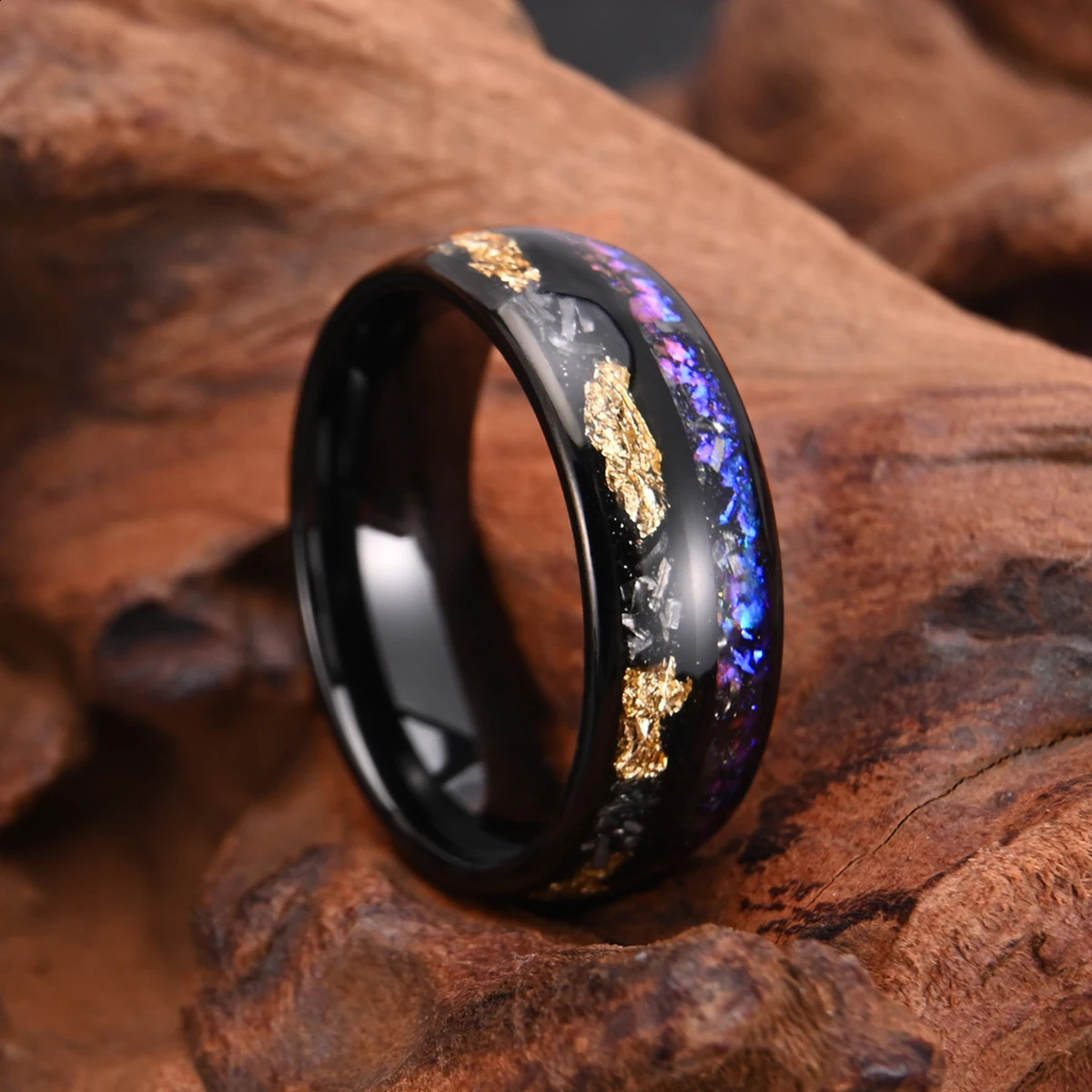 Black 8MM tungsten carbide gold foil mens ring mens wedding ring type polished suitable for anyone to wear 240905